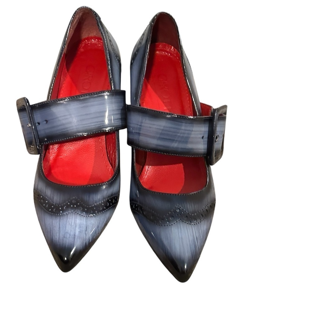 Girotti Handmade Block Heels Wingtip Buckle Pumps Black Gray Mary Jane Sz 40 - Picture 3 of 6
